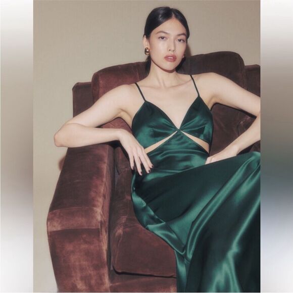 NWT Reformation Poppies silk cutout dress in Forest green - Picture 4 of 13